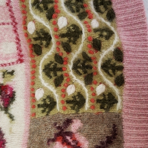 Vintage Studio Shetland Wool Sweater Cottagecore Dropped Shoulder Pink & Green S - Picture 7 of 14